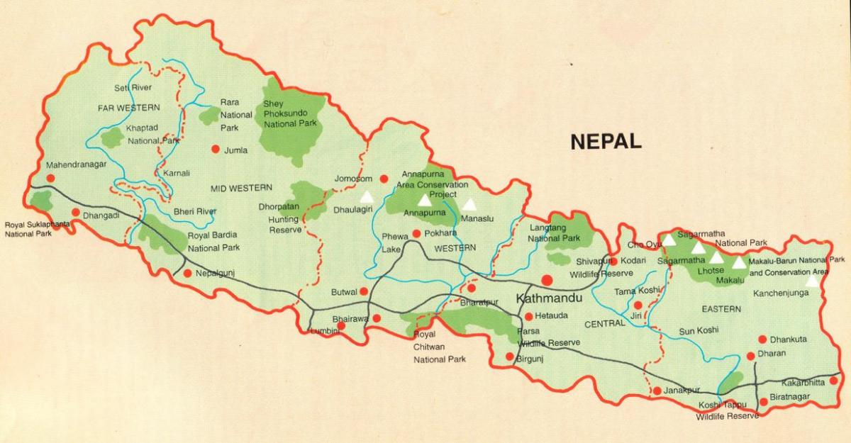 harta nepal, cu locuri turistice